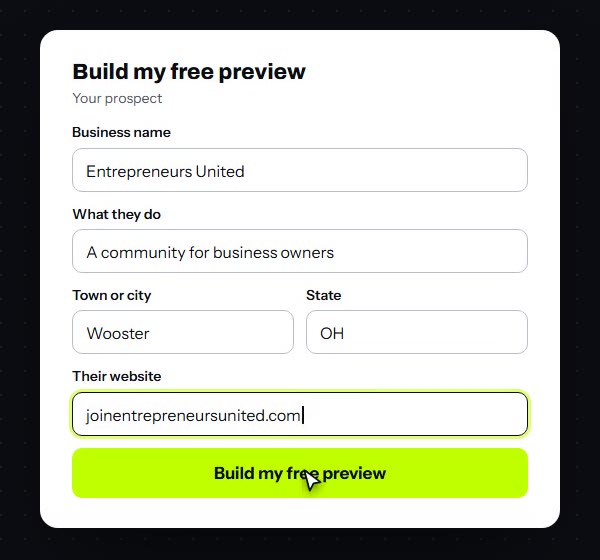 The InstaBuild form filled in for Entrepreneurs United: what they do, their town, state and website